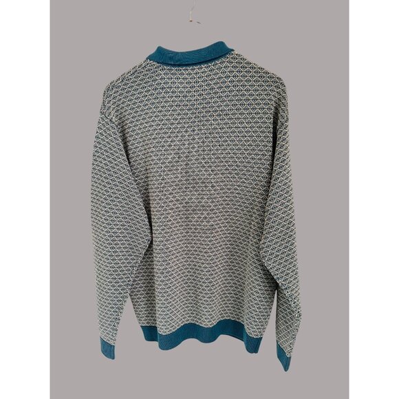 Monkey Time XL Button-Up Knit Cardigan Sweater With Teal Collar & Geometric Patt - Picture 7 of 11